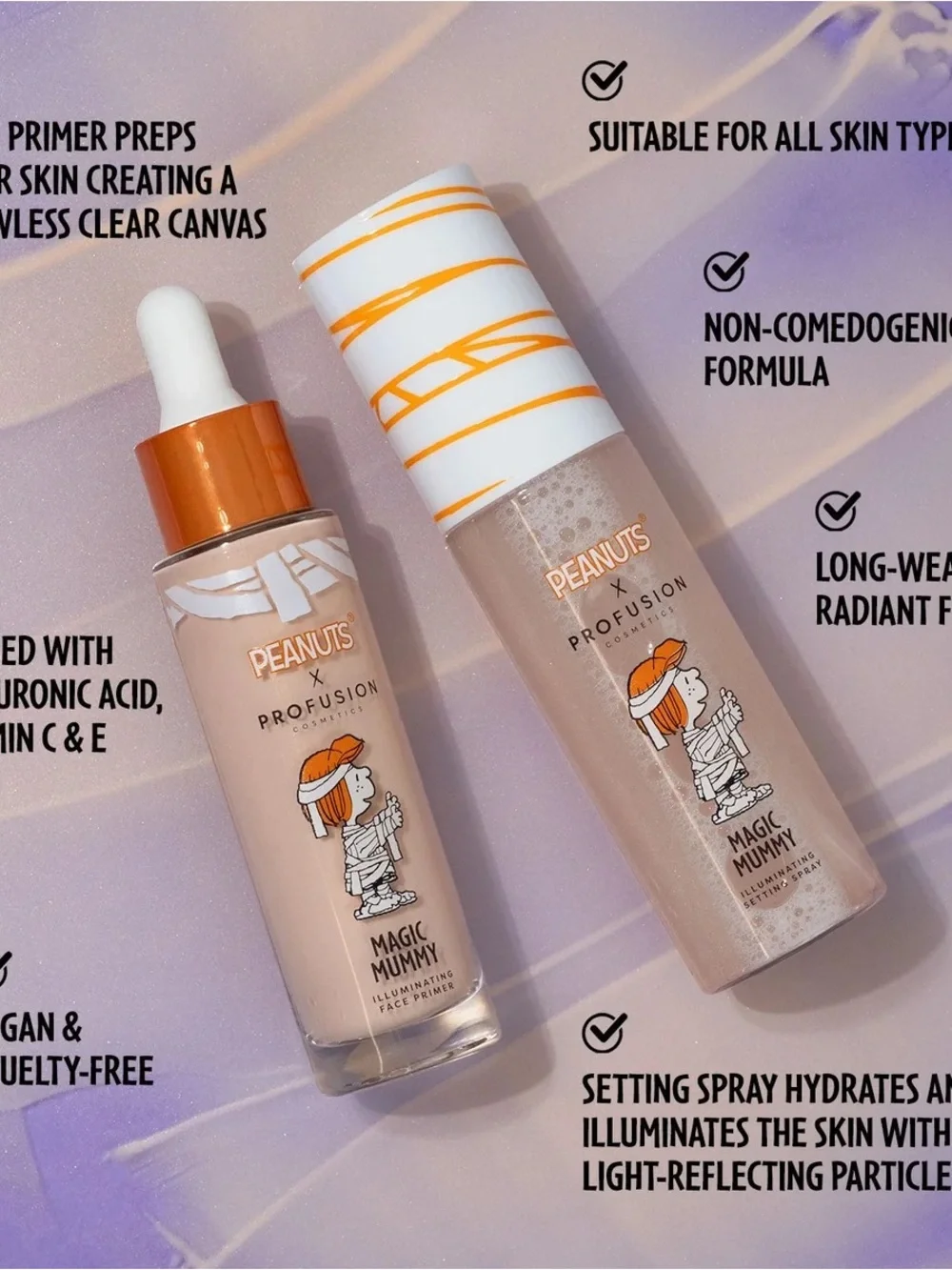 Peanuts Halloween Magic Mummy Illuminating Face Primer & Setting Spray Set NIB